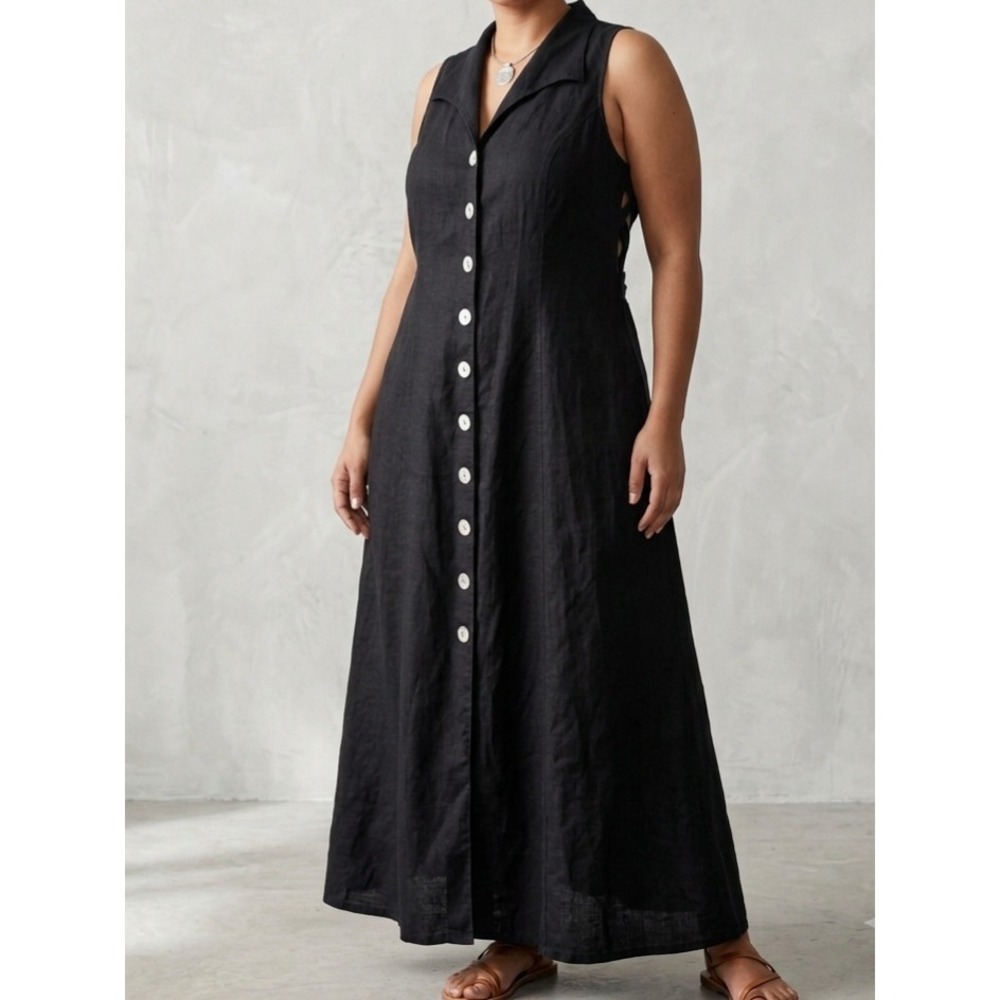 White Stag Linen Blend Button Front Lattice Back Sleeveless Maxi Dress Black 18